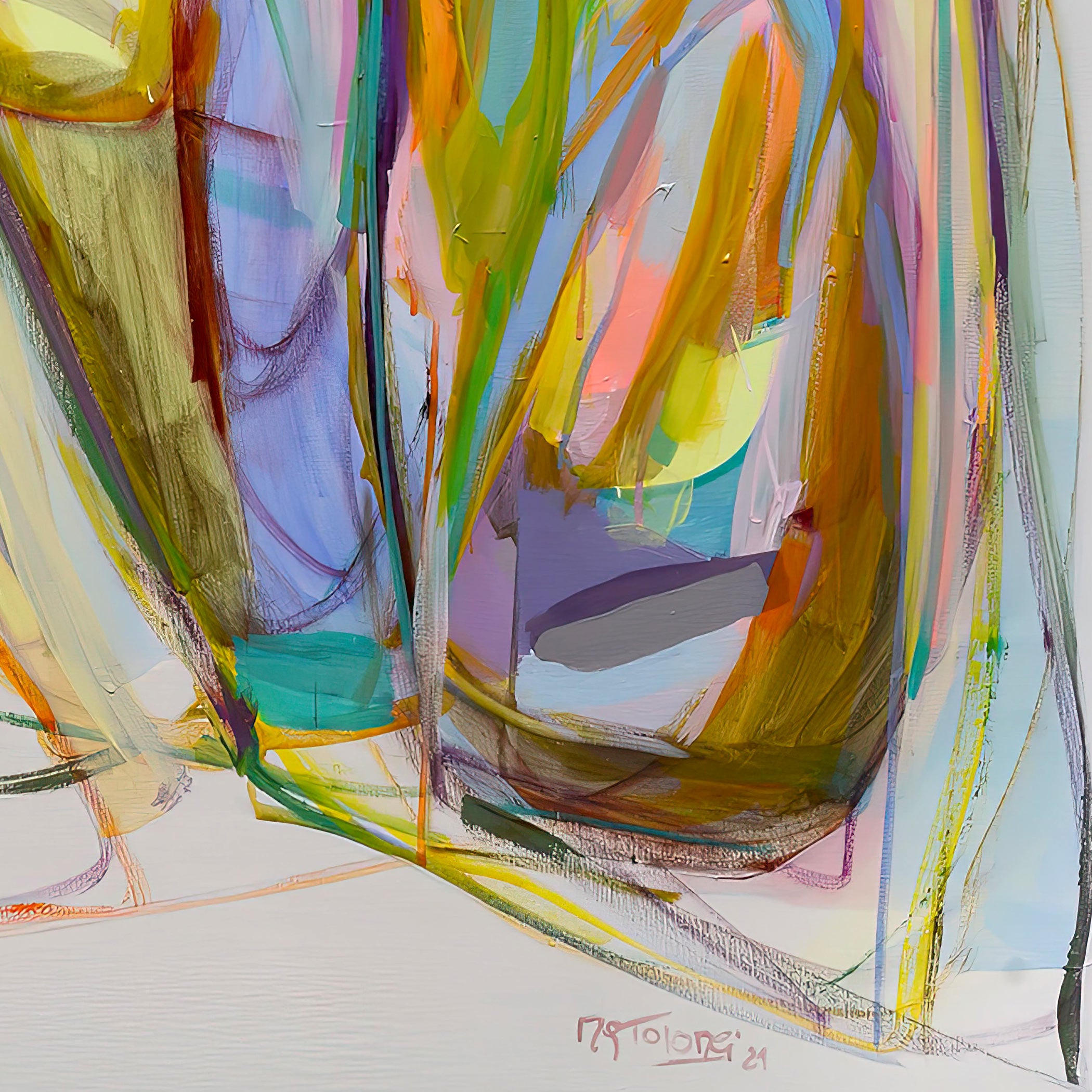 Abstract artwork with colorful brush strokes on a white background Gabriela Tolomei CODIGO FLORECER Detail