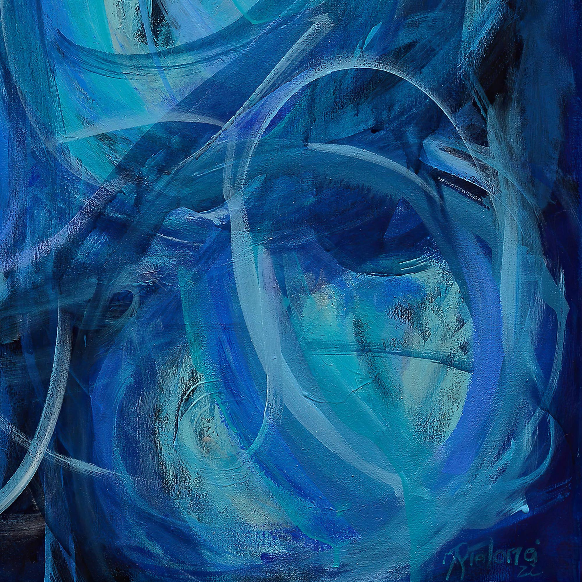 Abstract painting with swirling blue and white brushstrokes Gabriela Tolomei Love in Blue Detail