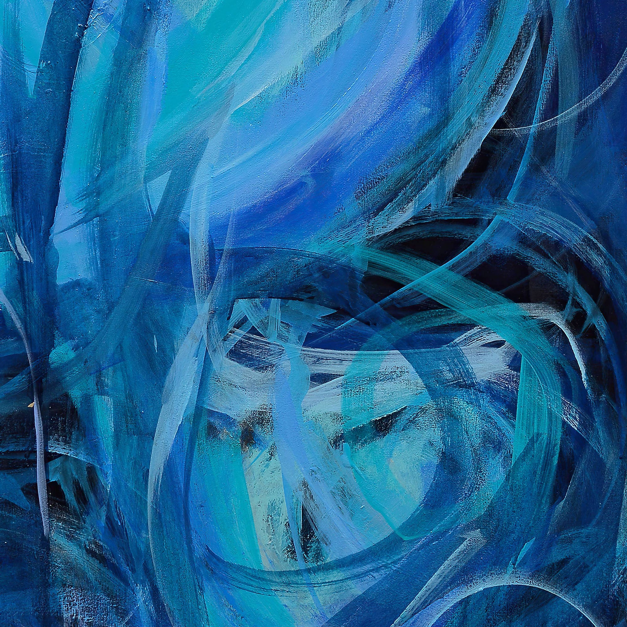 Abstract painting with swirling blue and white brushstrokes Gabriela Tolomei Love in Blue Detail