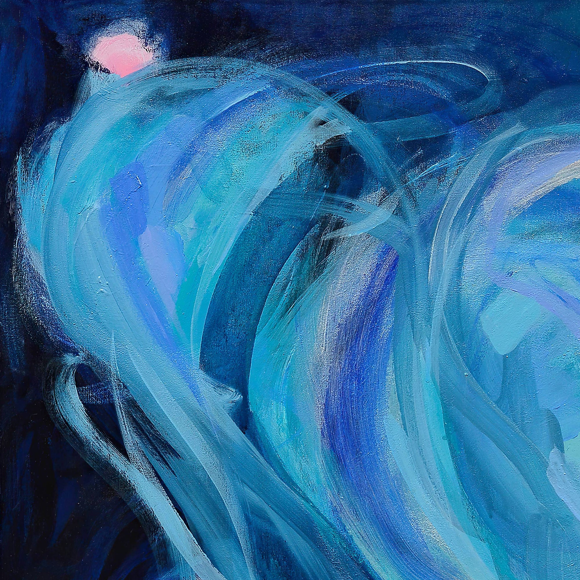 Abstract painting with swirling blue and white brushstrokes Gabriela Tolomei Love in Blue Detail