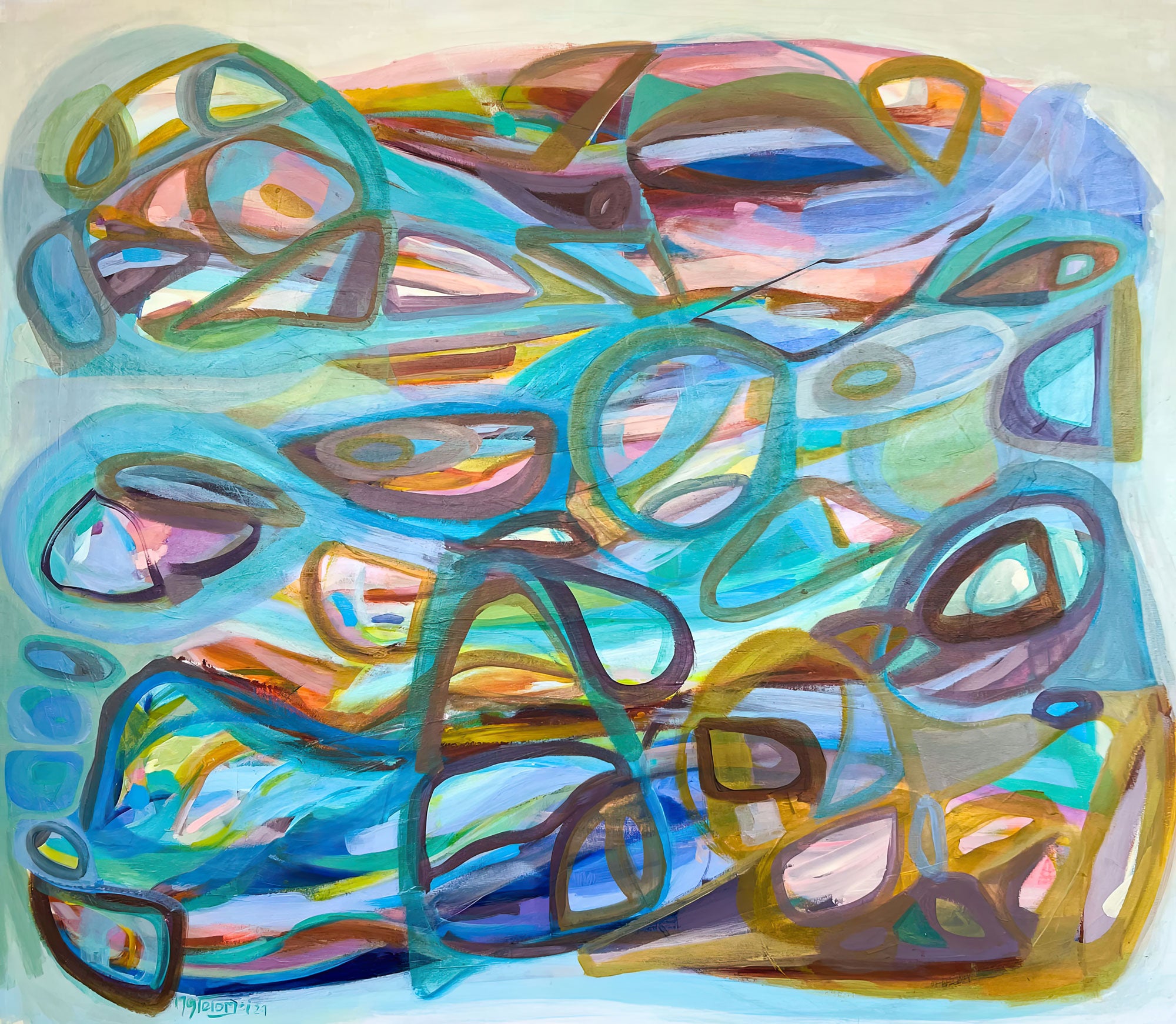 Gabriela-Tolomei-Paintings-Buceo-Espacial-Abstract artwork with colorful shapes on a light background