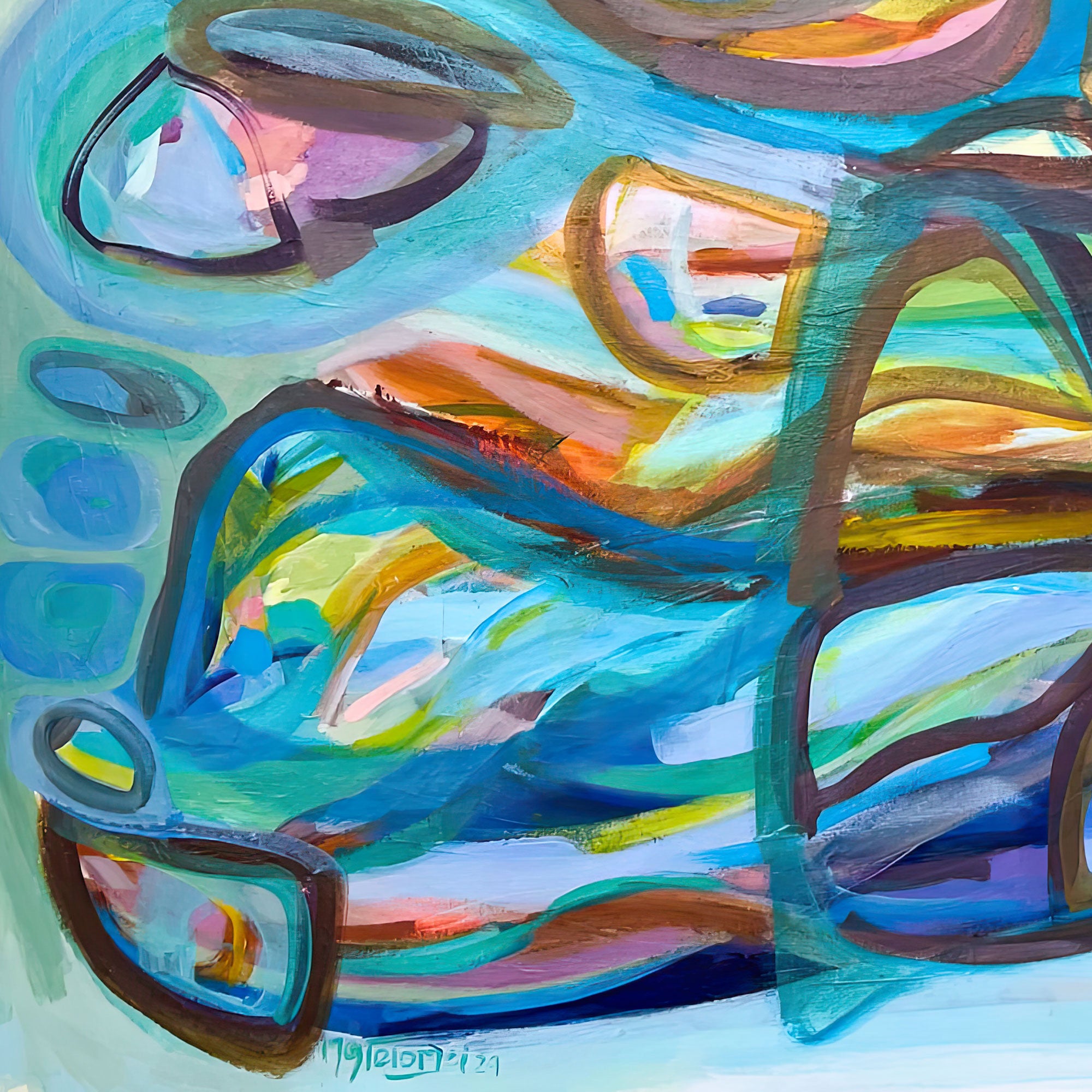 Gabriela-Tolomei-Paintings-Buceo-Espacial-Abstract artwork with colorful shapes and patterns