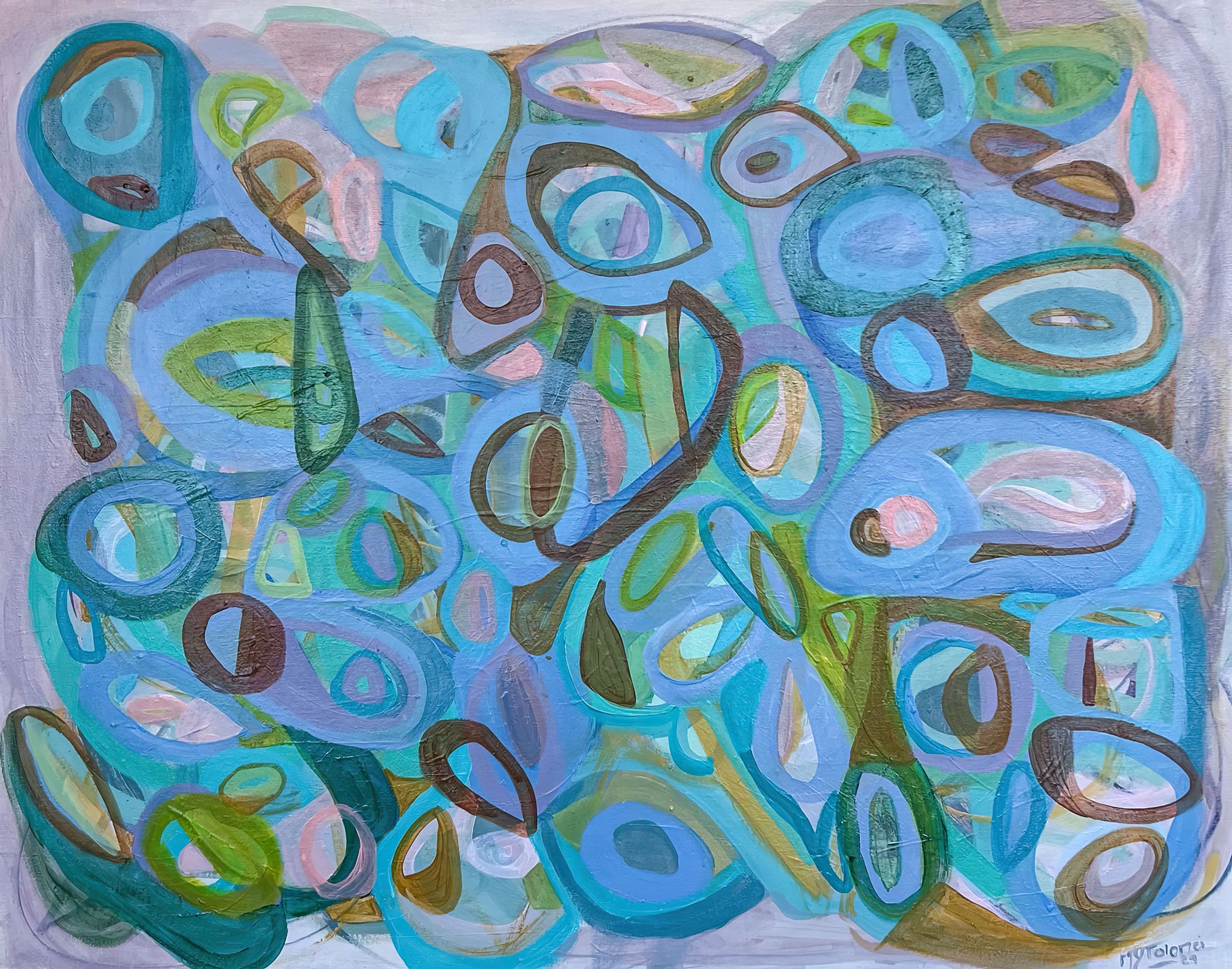 Abstract artwork with circular shapes in blue, green, and brown on a white background, Gabriela Tolomei Fluir sostenido-Full Painting