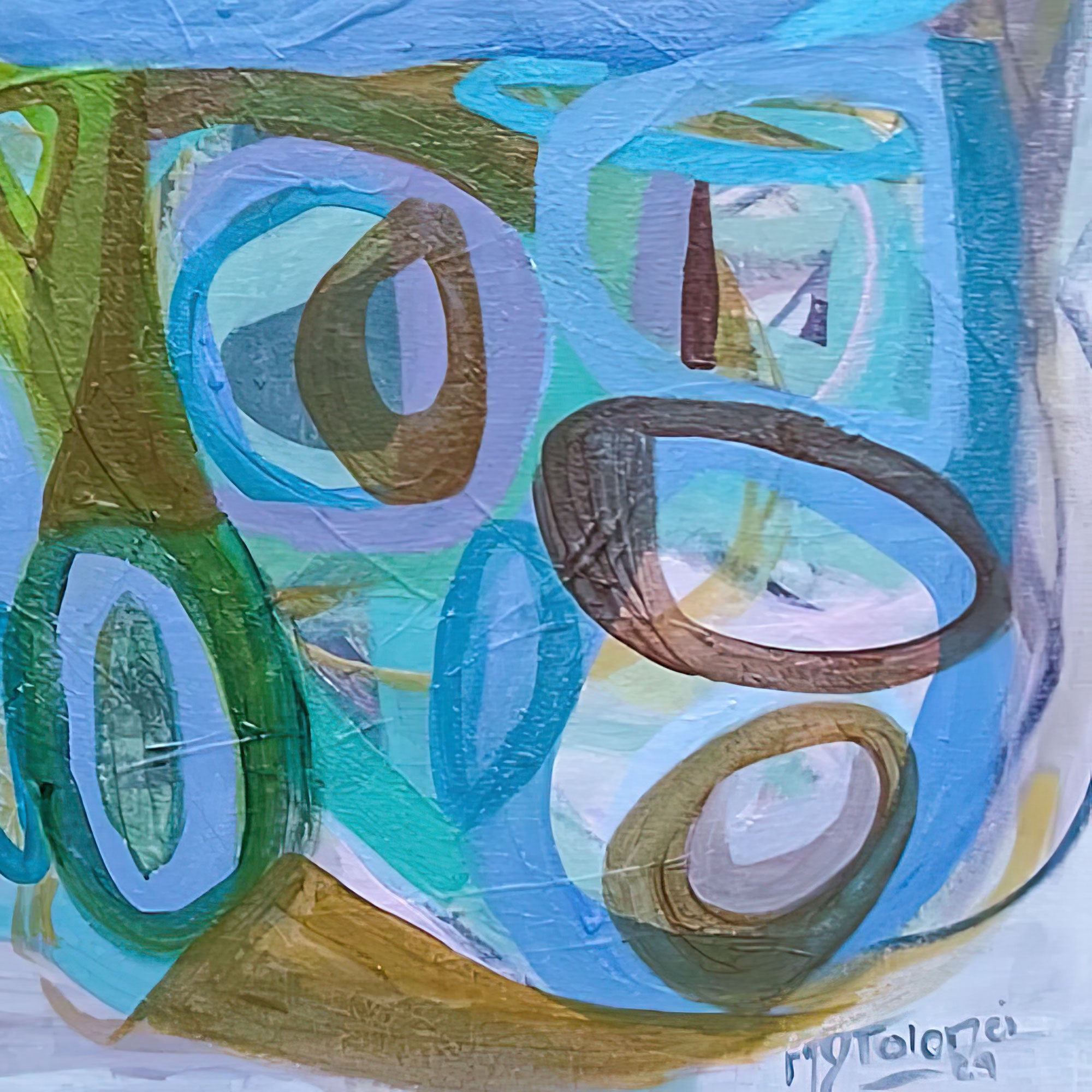 Abstract art piece with circular shapes in green, blue, and brown on a textured surface, Abstract artwork with circular shapes in blue, green, and brown on a white background, Gabriela Tolomei Fluir sostenido-Detail