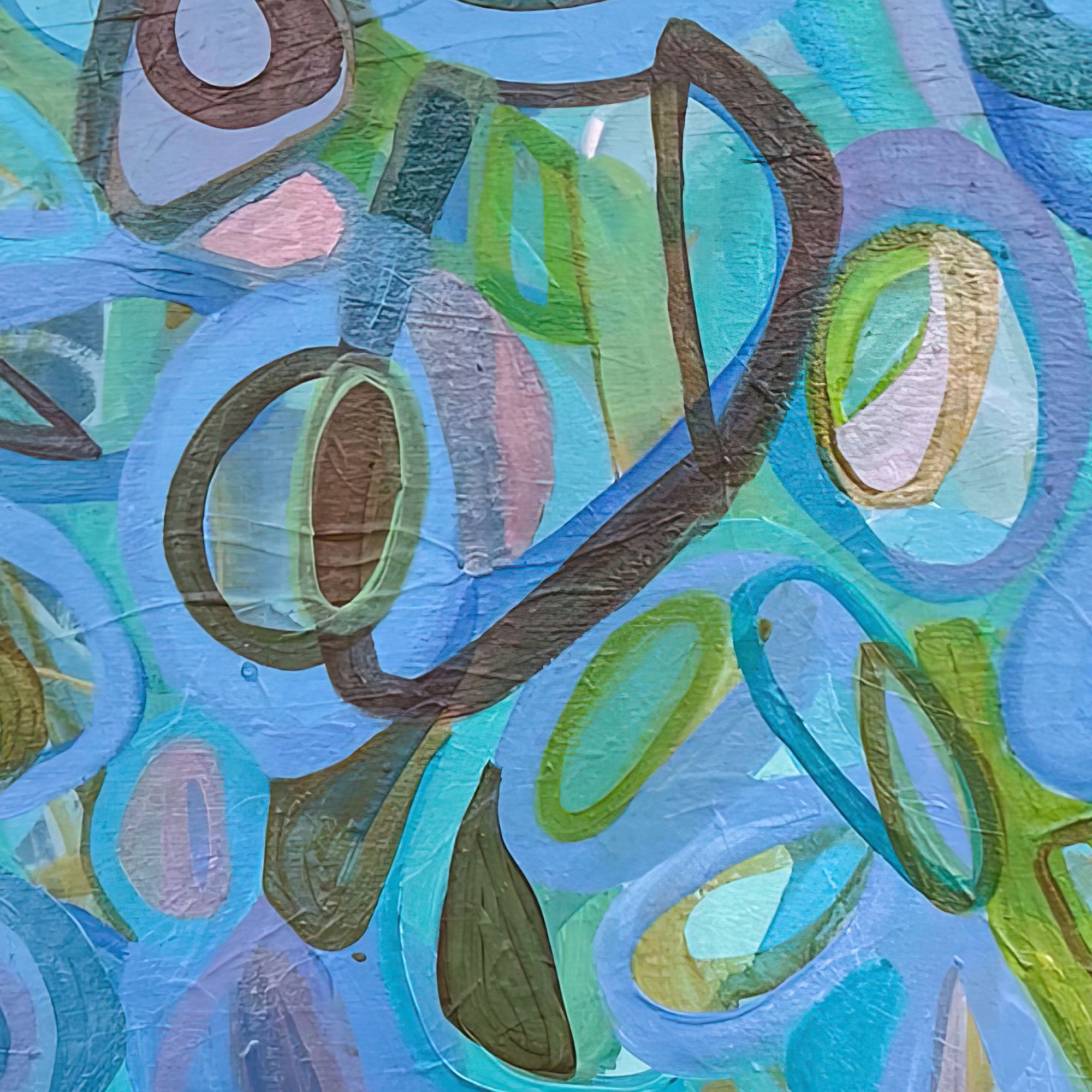 Abstract art piece with circular shapes in green, blue, and brown on a textured surface, Abstract artwork with circular shapes in blue, green, and brown on a white background, Gabriela Tolomei Fluir sostenido-Detail