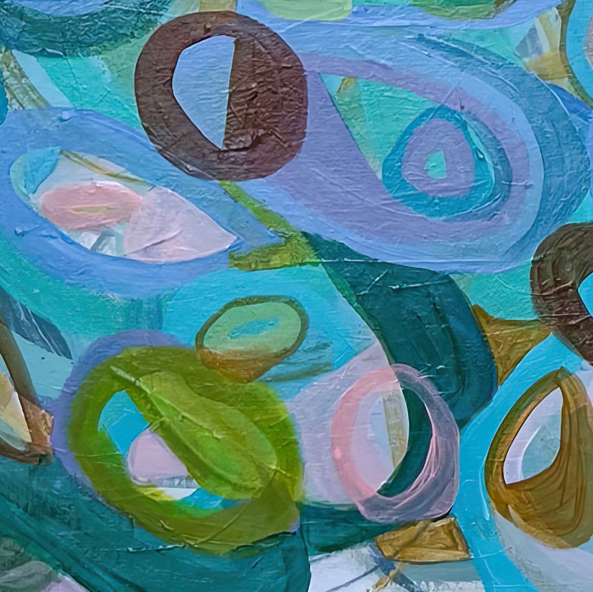 Abstract art piece with circular shapes in green, blue, and brown on a textured surface, Abstract artwork with circular shapes in blue, green, and brown on a white background, Gabriela Tolomei Fluir sostenido-Detail