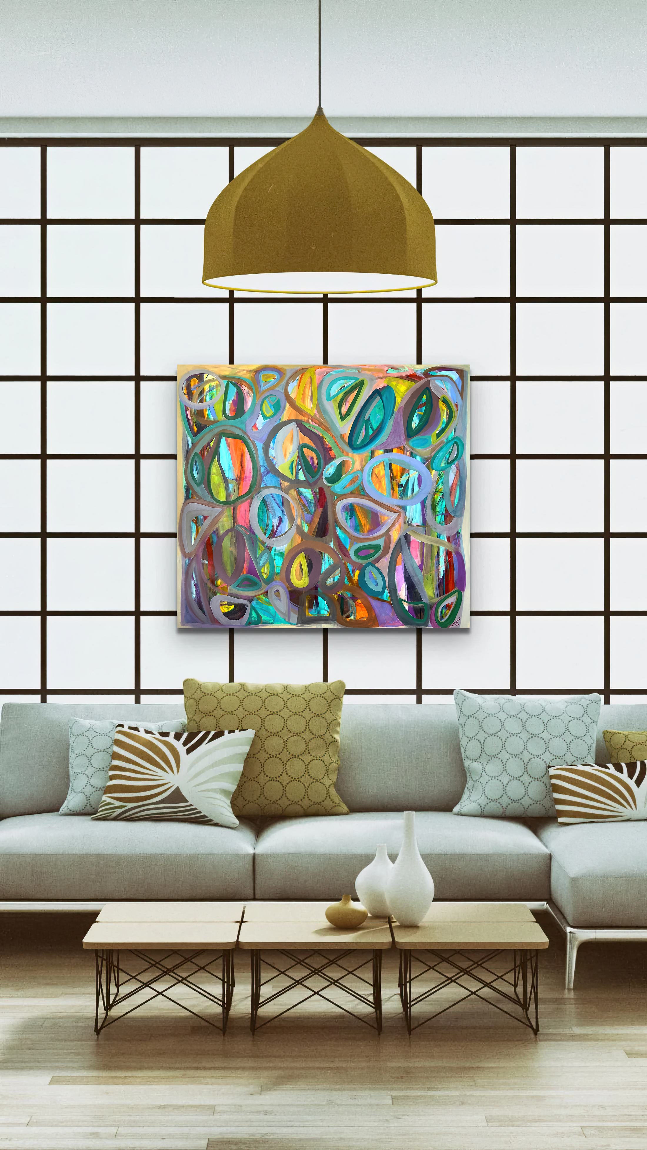 Gabriela Tolomei Intima Profundidad mpunted in a cozy living room - Abstract artwork with colorful, swirling patterns