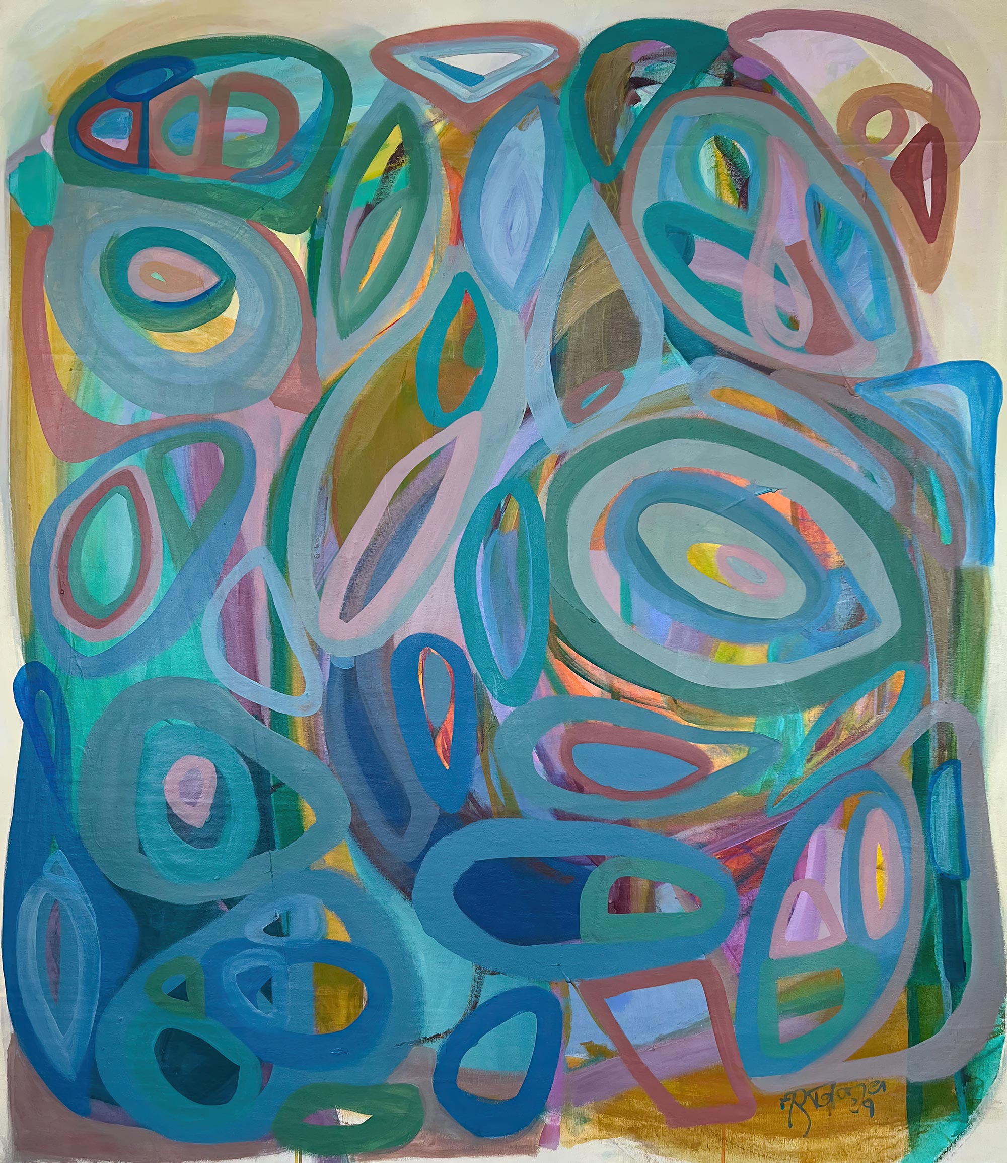 Abstract art with colorful circular shapes on a textured background Gabriela-Tolomei-Paintings-Serendipity