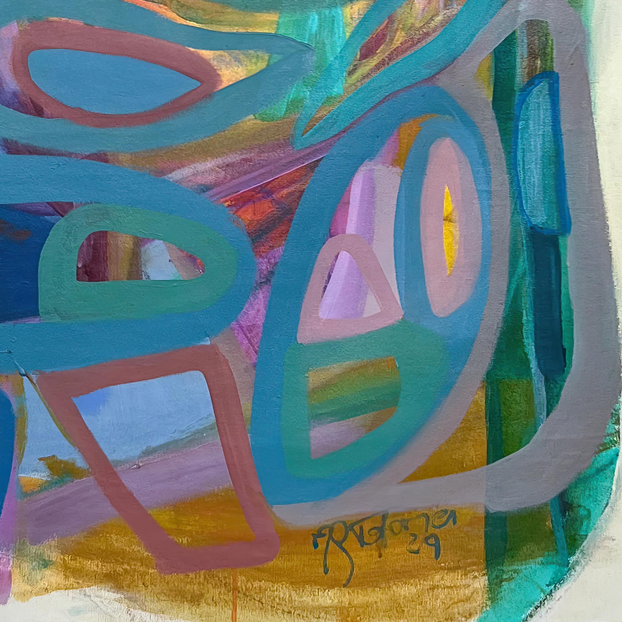 Abstract art with colorful circular shapes on a textured background Gabriela-Tolomei-Paintings-Serendipity