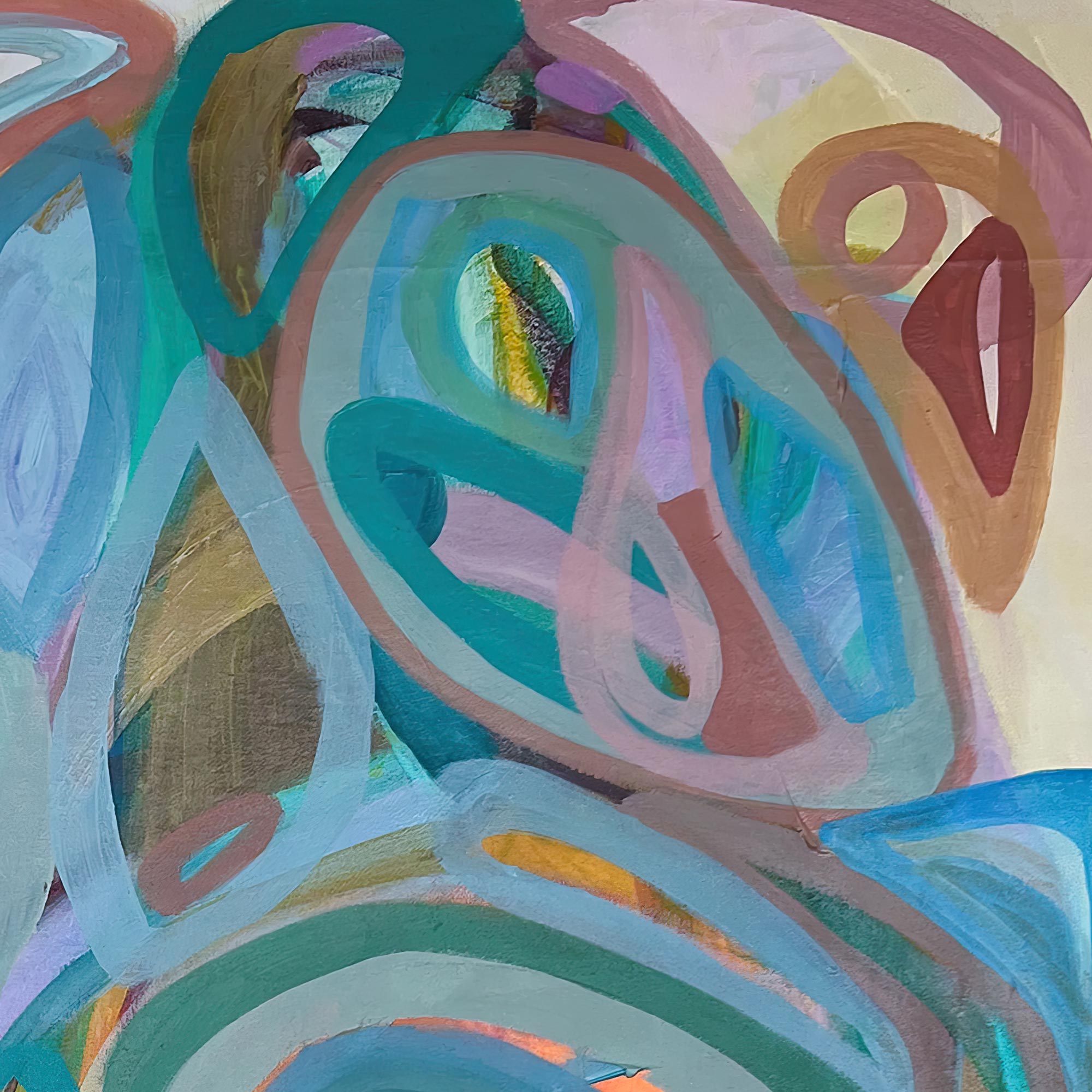 Abstract art with colorful circular shapes on a textured background Gabriela-Tolomei-Paintings-Serendipity