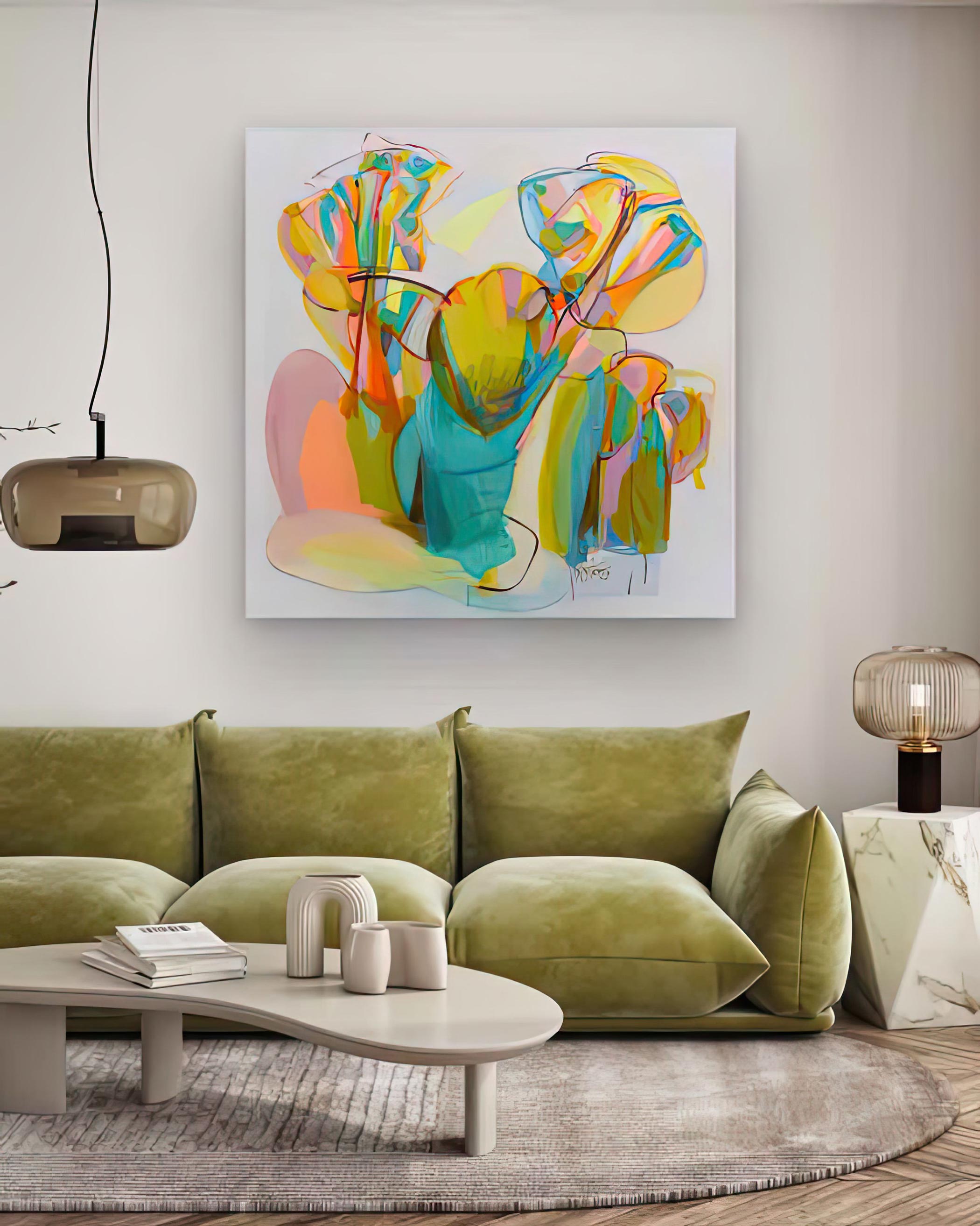 Modern living room with a green sofa, abstract artwork, and decorative items. Abstract-Art-Buy-Emerging-Contemporary-Saatchiart-Saatchi -Gabriela Tolomei The Beginning of Everything Mounted