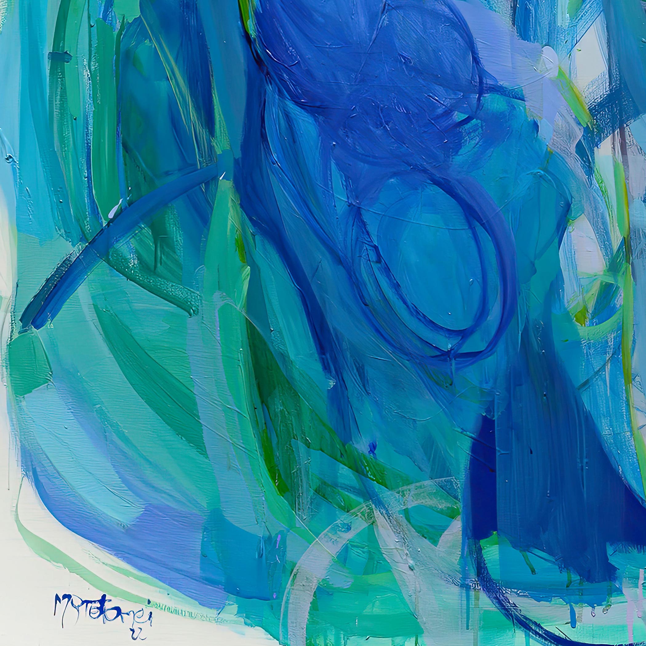 Abstract painting with blue and green hues Abstract-Art-Buy-Emerging-Contemporary -Gabriela Tolomei Time Encounters Detail